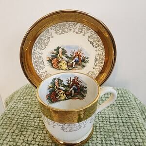 Crest O Gold Sabin 22K Cup Saucer Stand Set Hand Painted Courting Scene